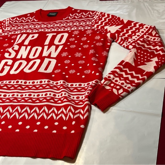 Red White Ugly Christmas Sweater "Up To Snow Good" Large Tall Winter Snow Trees - Picture 9 of 13